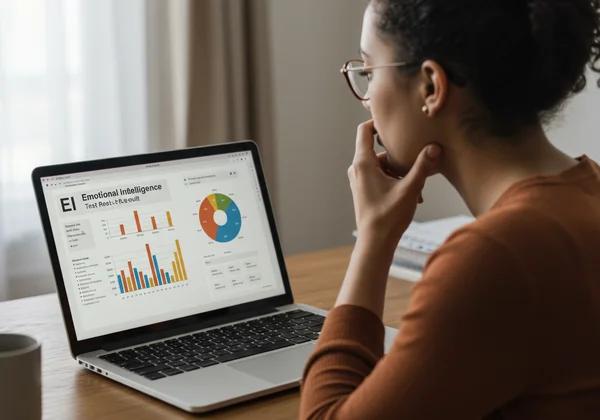 Person viewing EI test results, contemplating personal growth
