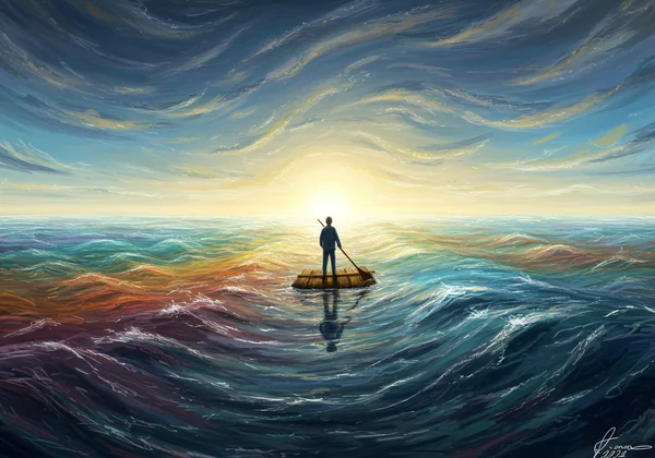 Person navigating emotional waves towards inner calm