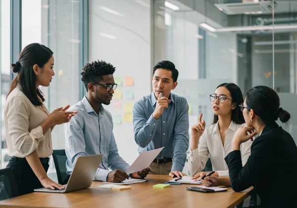 Emotionally intelligent team collaborating in a modern office