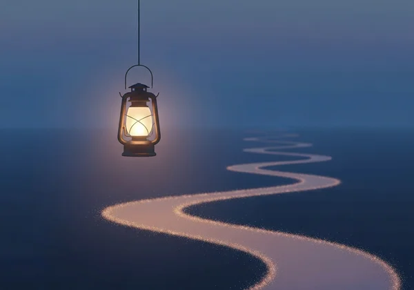 A warm lantern casting a gentle light on a path, symbolizing guidance.